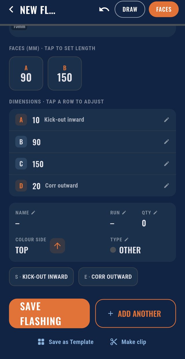 FlashPro dimensions list with a kick-out inward and corrugated outward edge, colour side, and Save as Template and Make clip buttons