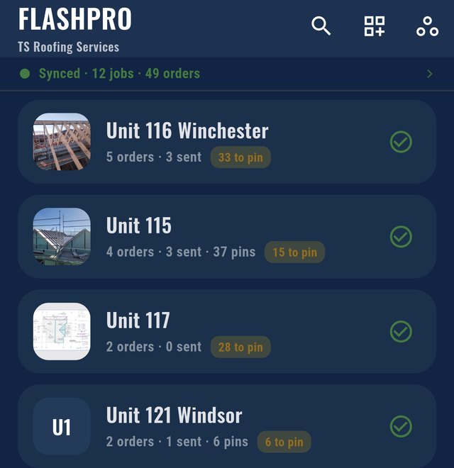 The FlashPro job list on a phone: each job with its site photo, orders sent, pins placed and pieces still to pin