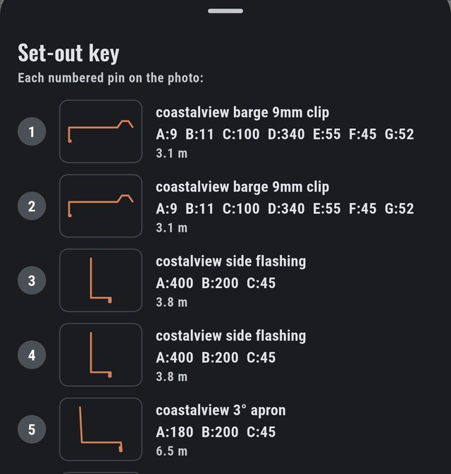 The FlashPro set-out key: each numbered pin listed with its flashing profile, name, face dimensions and length