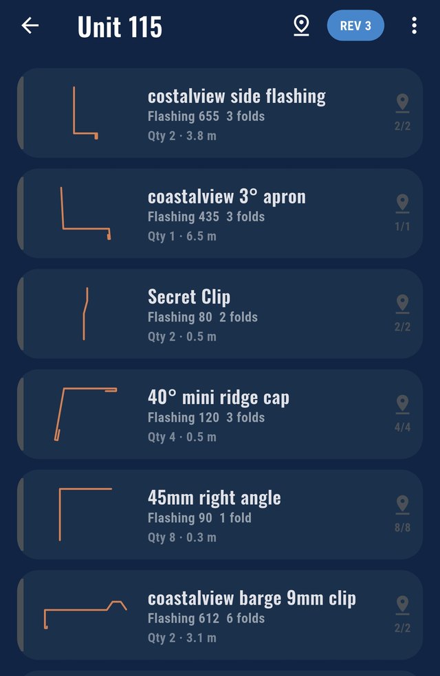 A real FlashPro order on a phone: Unit 115 on rev 3, each flashing with its profile, girth, folds, quantity and length