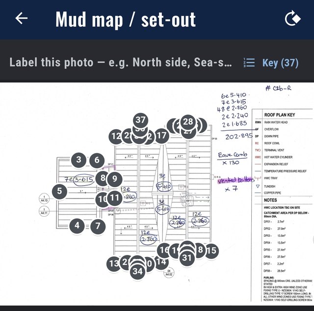 A FlashPro mud map: a roof plan with 37 numbered pins marking where each flashing goes