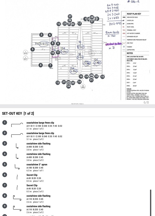 The set-out pages of a FlashPro PDF: the roof plan with numbered pins and the set-out key listing each pin