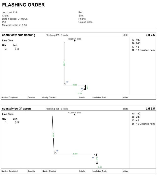 Page one of a real FlashPro flashing order PDF: job details and two flashings drawn out with dimensions, quantity and length